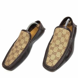 【グッチ】本物 GUCCI 靴 27cm 茶 GG柄 スリッポン ローファー ドライビングシューズ シューズ レザー×ジャガード 男性用 メンズ 伊製 8