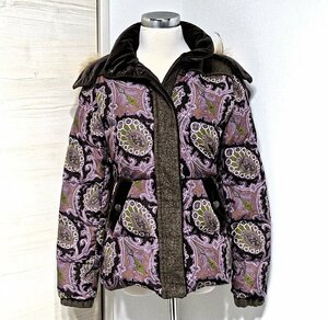 10AW 極美品 ETRO エトロ ラクーンファー ペイズリー柄 ウールツイード切替 ダウンジャケット ポリエステル レディース 40 アウター