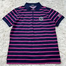 パーリーゲイツ PEARLY GATES ゴルフウェア 半袖 ８９ 鹿の子 ボーダー ファスナー ワッペン 刺繍 ポロシャツ サイズ6 (2XL)ネイビ ピンク_画像1