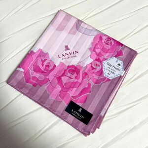 【 LANVIN 】 大判ハンカチ 綿100% バラ リボン ピンク スカーフ
