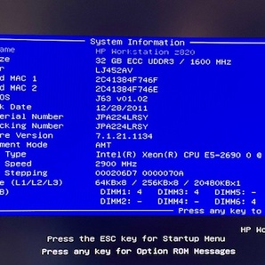 W117☆ HP Z820 ワークステーション Xeon E5-2690 2.90GHz ×2 2基 メモリー32GB グラフィックボード搭載 BIOS サーバー の画像2