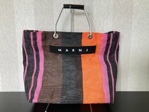 ●MARNI マルニ フラワーカフェ ハンドバッグ マルチカラー ナイロン メッシュ ストライプ レディース トート 鞄●