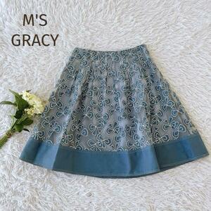 ☆M'S GRACY☆エムズグレイシー　リボン刺繍　シフォンタック入りスカート デニム調　ブルー　サイズ40