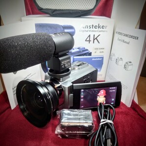 402【動作OK】Ansteker 4K デジタルビデオカメラ 48Mピクセル タッチパネル ワイコンレンズ 外付けマイク 予備バッテリー 充電器 箱付き の画像1