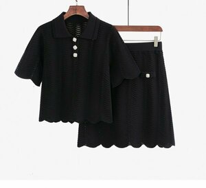  new goods feeling of luxury rete e-s knitted short sleeves shirt skirt top and bottom 2 point set black -M