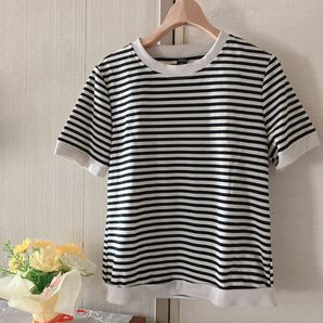 SHEIN シーイン ボーダー 半袖 ニット トップス ベージュ 黒 ブラック クルーネック ボーダーTシャツ