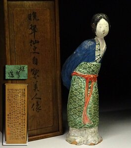 緑屋z■ 時代物　晩翠 造　陶磁 色絵 美人像　木箱 識箱　i9/3-6595/24-4#80