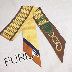 ■美品■FURLAフルラ■ツイールスカーフ■シルクスカーフ リボンスカーフ イエロー系 マルチ