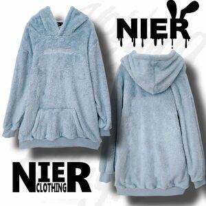 NIER CLOTHING 軽量×防寒ふわもこプルオーバーパーカー くすみBLUE【刺繍LOGO】