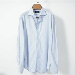 【美品】鎌倉シャツ KAMAKURA 3-YL172 Easy Core KNIT コットン 長袖 シャツ Yシャツ ブルー ホワイト ストライプ XL メンズ