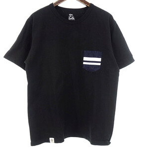 【特別価格】MOMOTARO JEANS ライン デニム ポケット クルーネック 半袖 カットソー Tシャツ ブラック メンズL