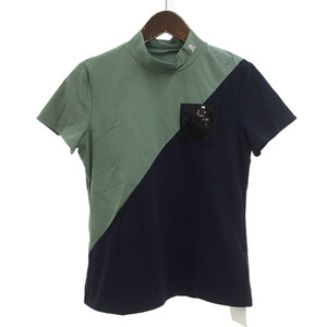 【特別価格】LANVIN SPORT ゴルフ スパンコールポケット モックネック カットソー Tシャツ カーキ×ネイビー レディース36