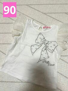 メゾピアノ 袖レースフリル リボン 半袖Tシャツ 白 90