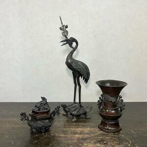 京都⑫ 旧家引上げ品 古銅造 寺院仏具 獅子 龍 鶴 亀 三具足 香炉 花立 蝋立 時代物 仏具仏教美術 CXP