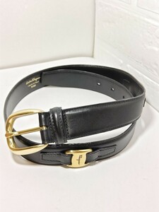 1円スタート【美品】FERRAGAMO　サルヴァトーレフェラガモ　レザーベルト　ヴァラリボン　レディース　5穴　ブラック/ゴールド