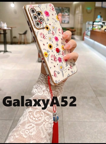 GalaxyA52 花柄　メッキ風　ストラップ付　かわいいケース Galaxyケース