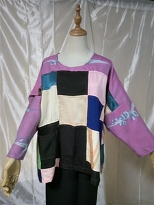  туника 2L размер шелк б/у товар кимоно переделка лоскутное шитье 