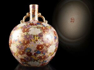 [.]. collection house discharge goods gorgeous Kutani overglaze enamels gold paint flower . small .. attaching ear attaching vase "hu" pot height 30.5cm old work of art ( flower ..)BA9499 OTDmkjh