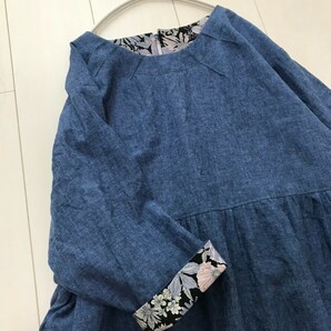 ★ブルーcotton生地★途中あきギャザー切り替えワンピース★ハンドメイド★ボタニカル柄コットンリネンの画像2