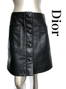  two point successful bid free shipping! 2A48 regular price 495,000 jpy [ almost unused ]DIOR Dior CD button skirt ram leather black front button 40 black 