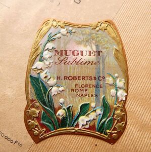  bell orchid puff .-m label France antique lily of the valley perfume paper label ....bro can toko Large . display en Boss gold paint card 