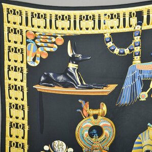 1円 美品 HERMES エルメス カレ90 スカーフ TUTANKHAMUN シルク ブラック ゴールド エジプト ツタンカーメン フランス製 ショール Ma.dの画像2