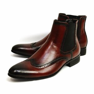 新品■27cm ビジネスブーツ 革靴 サイドゴア フォーマル イタリアン メンズ ショートブーツ ヴィンテージ ウイングチップ Zeeno 男 靴