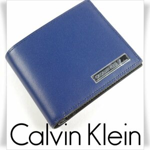 新品1円～★CK CALVIN KLEIN カルバン クライン 箱付き 牛革レザー 二つ折り財布 ウォレット ポリッシュ 紺 ネイビー ◆8120◆