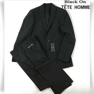 新品1円～★定価4.9万 Black On TETE HOMME テットオム ウール毛 シングル二つボタンスーツ 94A6 ノータック ストライプ 黒 ◆8129◆