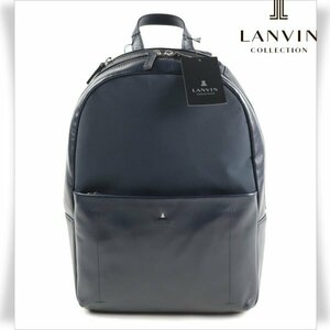 新品1円～★定価4.7万 LANVIN COLLECTION ランバン コレクション メンズ 日本製 牛革レザー ワイド リュックサック バッグ 紺 ◆8143◆