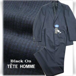 新品1円～★定価4.9万 Black On TETE HOMME テットオム ウール毛 シングル二つボタンスーツ 92A5 ノータック チェック ネイビー◆8197◆