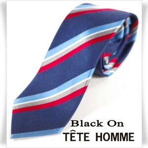 新品1円～★Black On TETE HOMME テットオム シルク絹100％ ネクタイ ストライプ ネイビー 正規店本物◆8228◆