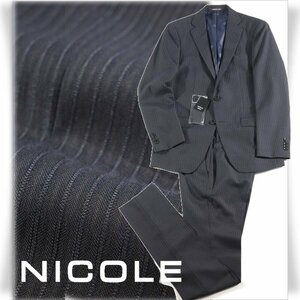 新品1円～★ニコル セレクション NICOLE selection ウール毛 ストライプ シングルスーツ 46 M 紺 ノータック 春秋冬スリーシーズン◆8486◆