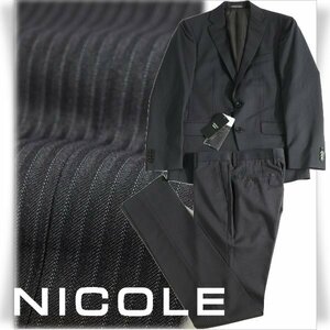 新品1円～★ニコル セレクション NICOLE selection ウール毛 ストライプ シングルスーツ 46 M 黒 ノータック 春秋冬スリーシーズン◆8490◆