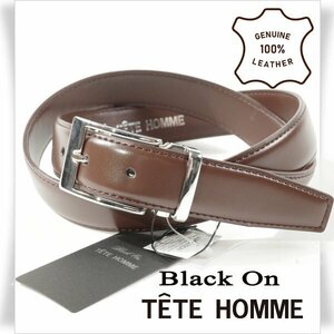 新品1円～★定価0.9万 Black On TETE HOMME テットオム 牛革レザー ビジネスベルト フリーサイズ 本革 茶 ブラウン 本物◆8784◆