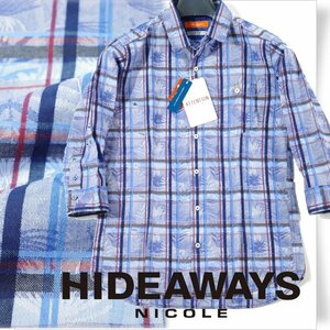 新品1円～★定価1.1万 HIDEAWAYS NICOLE ハイダウェイ ニコル メンズ 日本製生地使用 ボタニカル柄七分袖シャツ 46 M ブルー 本物 ◆8892◆