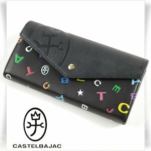 新品1円～★CASTELBAJAC カステルバジャック 箱付き 牛革レザー 二つ折り長財布 ロングウォレット ライラ 黒 かぶせ ロゴ 本物◆8914◆