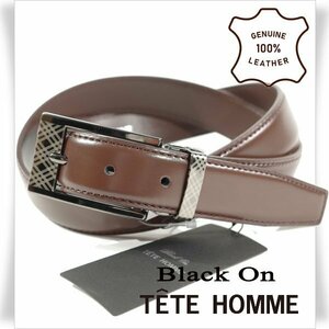 新品1円～★定価0.9万 Black On TETE HOMME テットオム 牛革レザー ビジネスベルト フリーサイズ 本革 茶 ブラウン 本物◆9022◆