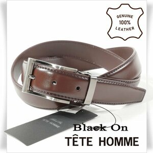 新品1円～★定価0.9万 Black On TETE HOMME テットオム 牛革レザー ビジネスベルト フリーサイズ 本革 茶 ブラウン 本物◆9023◆