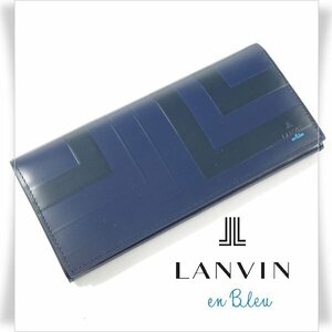 新品1円～★LANVIN en Bleu ランバン オン ブルー 箱付き 牛革レザー 長財布 二つ折り かぶせ ウォレット ネイビー 紺 リスター ◆9240◆