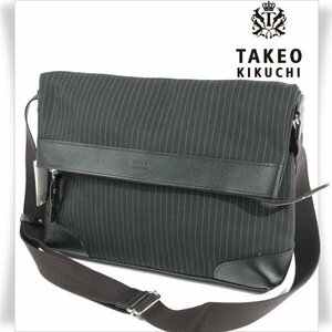 新品1円～★定価2.2万 TAKEO KIKUCHI タケオキクチ メンズ 日本製 ショルダーバッグ A4 セカンド ストライプ ブラック カジュアル ◆9245◆