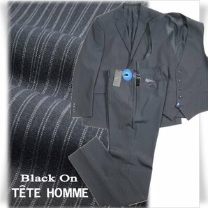 新品1円～★定価6万 Black On TETE HOMME テットオム ウール毛 スリーピーススーツ 94A6 ノータック ストライプ ネイビー ◆9378◆の画像1