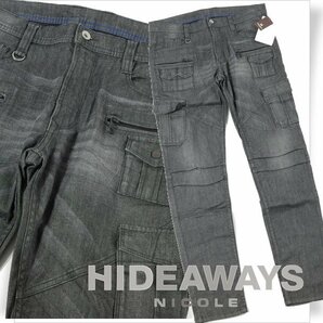 新品1円～★定価1.6万 HIDEAWAYS NICOLE ハイダウェイ ニコル 多ポケットカーゴパンツ 44 S ストレッチ ブラック デニム ◆9479◆の画像1