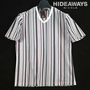 新品1円～★HIDEAWAYS NICOLE ハイダウェイ ニコル メンズ 半袖 マルチストライプVネックTシャツ 46 M 白 カットソー ◆9541◆