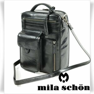 新品1円～★定価4.1万 mila schon ミラショーン 日本製 牛革レザー ショルダーバッグ 縦型 黒 アルテ 国産牛タンニン 鍵付 手持ち◆9716◆