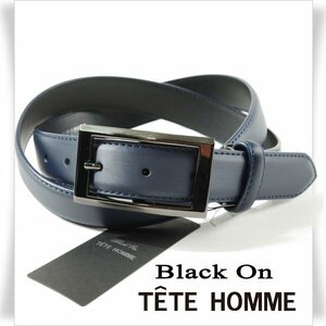 新品1円～★定価0.9万 Black On TETE HOMME テットオム 牛革レザー ビジネスベルト フリーサイズ 本革 ネイビー 本物◆9727◆