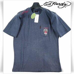 新品1円～★Ed Hardy エドハーディー メンズ 半袖 コットン綿 天竺 ポケット付き Tシャツ LL ネイビー クルーネック カットソー ◆9830◆の画像1