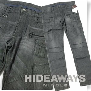 新品1円～★定価1.6万 HIDEAWAYS NICOLE ハイダウェイ ニコル 多ポケットカーゴパンツ 46 M ストレッチ ブラック デニム ◆1040◆