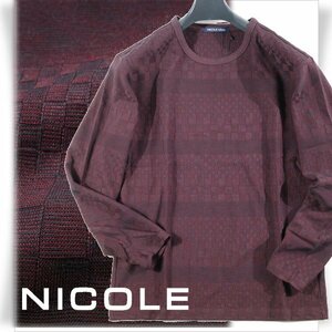 新品1円～★ニコル セレクション NICOLE selection メンズ ストレッチ 長袖 綿 クルーネック 市松柄カットソー 50 LL ボルドー ◆1195◆