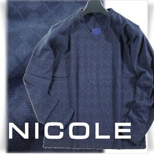 新品1円～★ニコル セレクション NICOLE selection メンズ ストレッチ 長袖 綿 Vネック アーガイルカットソー 50 LL ネイビー ◆1188◆